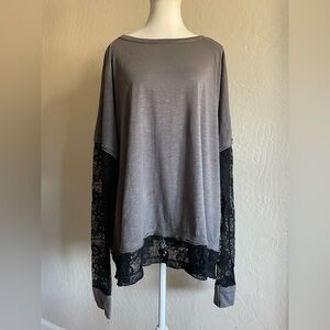 Free People Gray Top with Black Lace Sleeves